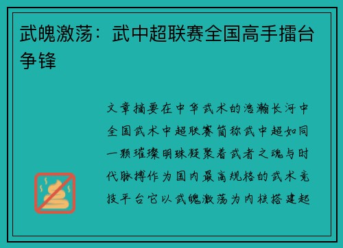 武魄激荡：武中超联赛全国高手擂台争锋